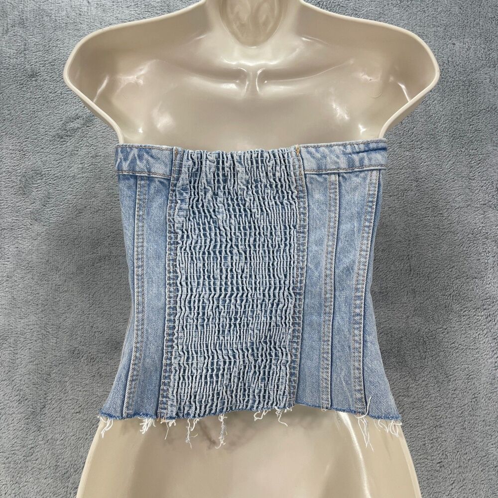 Zara Bustier Top Women's XS Blue Denim Cotton Stretch Smocked Back Strapless - Picture 12 of 13